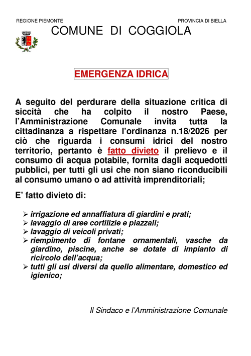 Avvisi alla cittadinanza: Emergenza Idrica ed Emergenza Incendi Boschivi
